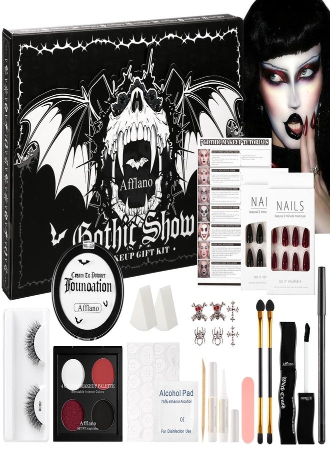 بيوسيلف مجموعة مكياج قوطي - مجموعة مكياج قوطي كاملة لشخصيات مصاصي الدماء، والساحرات، والمهرجين، والإيمو، والجرونج، والمسرح، ومؤثرات الهالوين الخاصة، تتضمن كريم أساس أبيض، ولوحة ظلال عيون حمراء، وأحمر شفاه أسود، ورموش، وكحل عيون، وطلاء أظافر. - Image 1